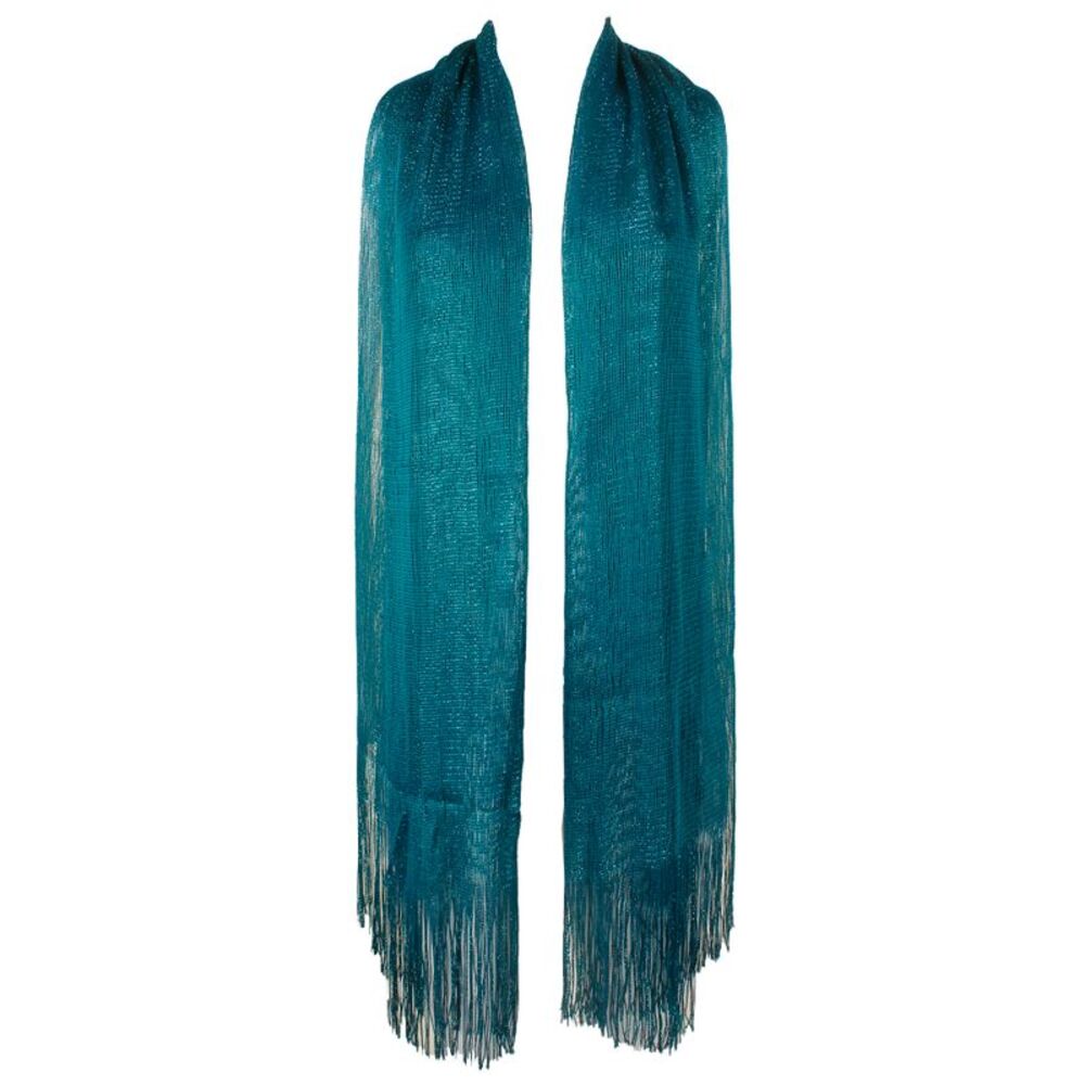 DBFL Ladies Metallic Shimmery Fringed Mesh Evening Scarf Teal Blue